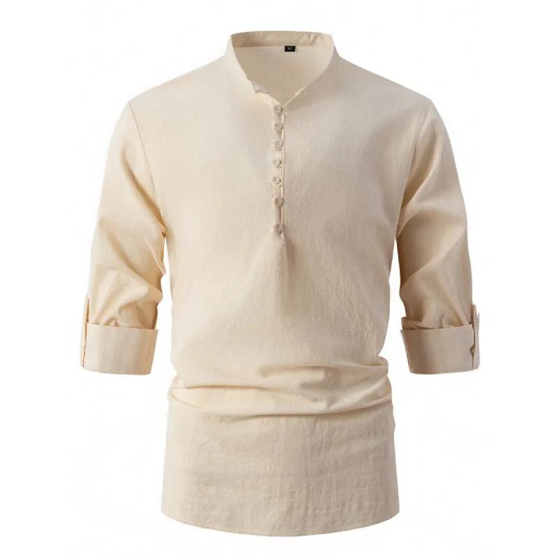 Men's Cotton and Linen Stand Collar Casual Long-sleeved Shirt 09019442X sold by Manly