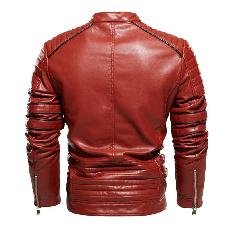 Men's Vintage Stand Collar Colorblock Slim Motorcycle Leather Jacket 18924555M sold by Manly product image thumbnail 5