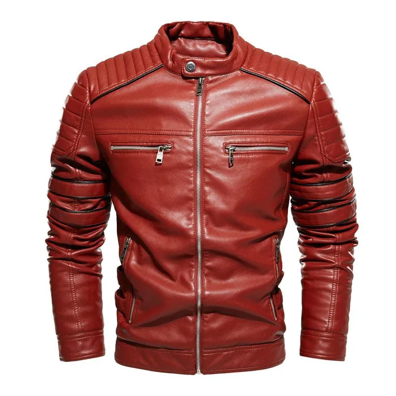 Men's Vintage Stand Collar Colorblock Slim Motorcycle Leather Jacket 18924555M sold by Manly product image thumbnail 3