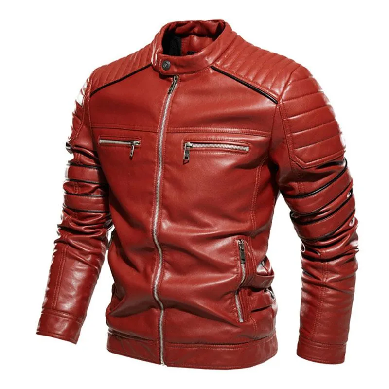 Men's Vintage Stand Collar Colorblock Slim Motorcycle Leather Jacket 18924555M sold by Manly product image thumbnail 4