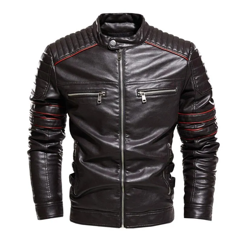 Men's Vintage Stand Collar Colorblock Slim Motorcycle Leather Jacket 18924555M sold by Manly product image thumbnail 2