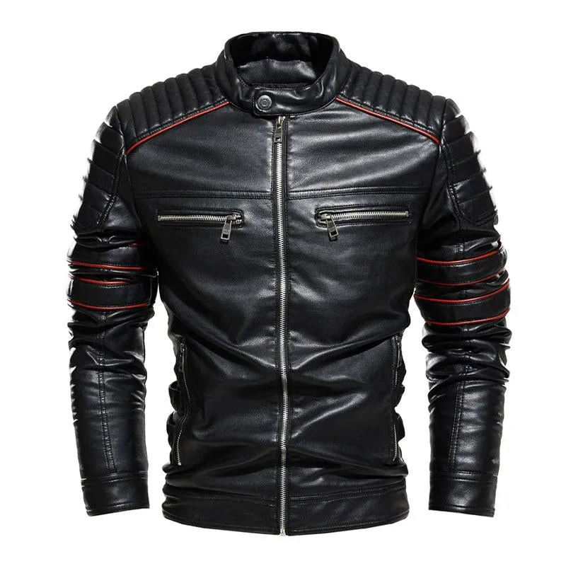Men's Vintage Stand Collar Colorblock Slim Motorcycle Leather Jacket 18924555M sold by Manly