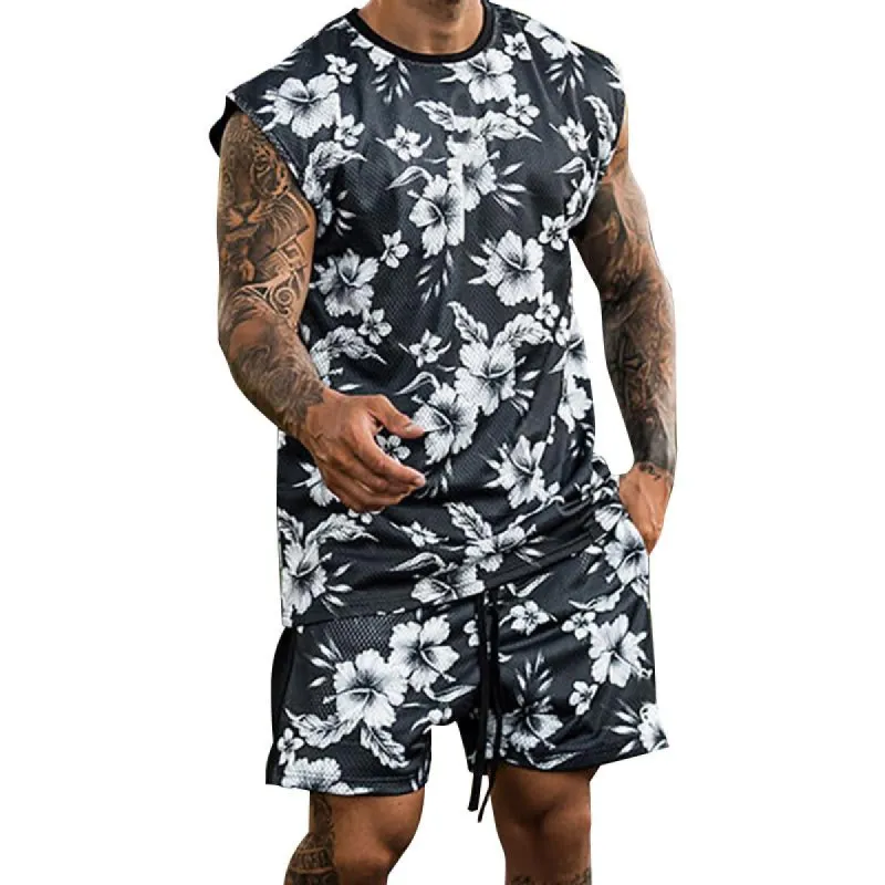 Men's Sports Casual Floral Print Quick Dry Tank Top Shorts Set 11524283Y sold by Manly