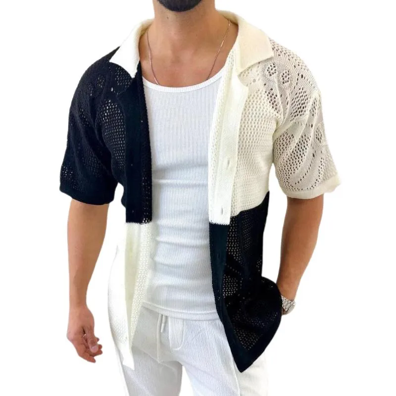 Men's Colorblocked Hollow Knit Lapel Short-Sleeved Polo Shirt 54704144Y sold by Manly