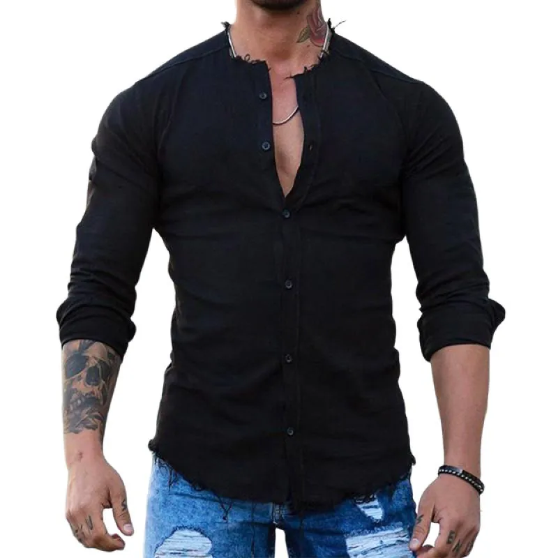 Men's Casual Raw Edge Long Sleeve Shirt 91386169TO sold by Manly
