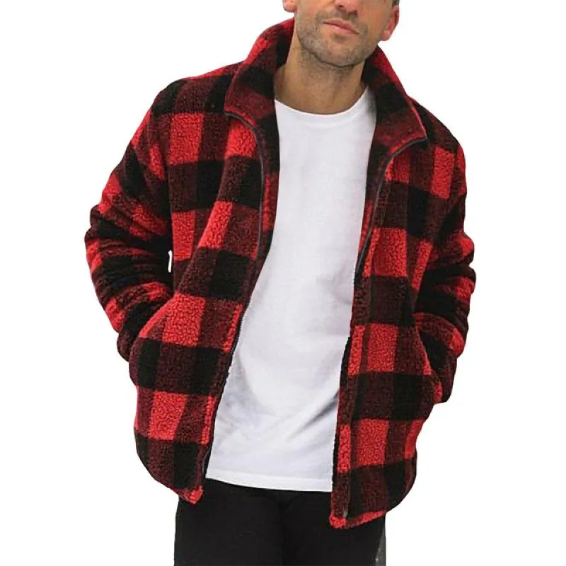 Men's Casual Stand Collar Plaid Plush Warm Zip Jacket 06163939M sold by Manly