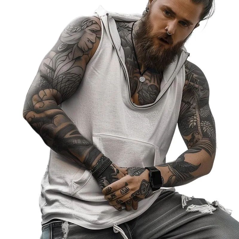 Men's Solid Loose Hooded Zip Collar Sleeveless Tank Top 76070859Z sold by Manly