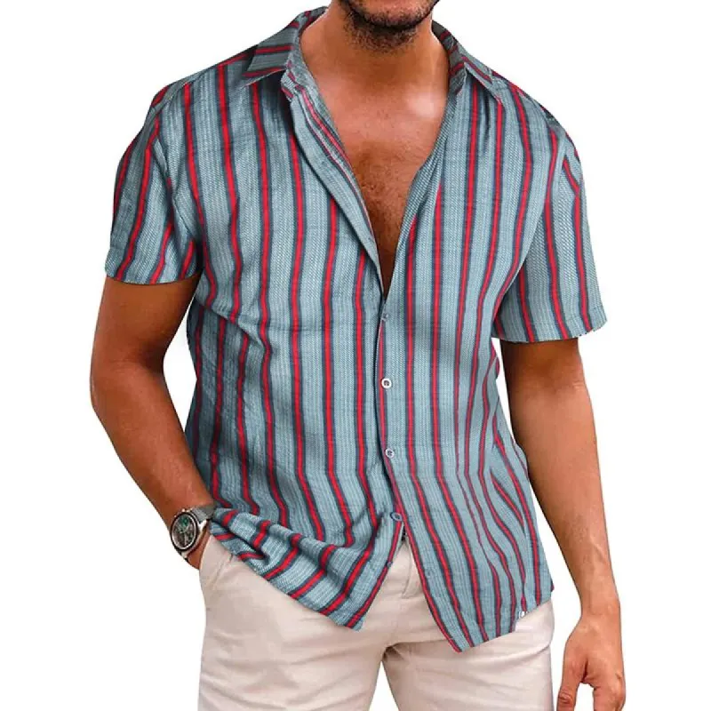 Men's Plaid Stripe Print Short Sleeve Lapel Beach Shirt 01156659X sold by Manly