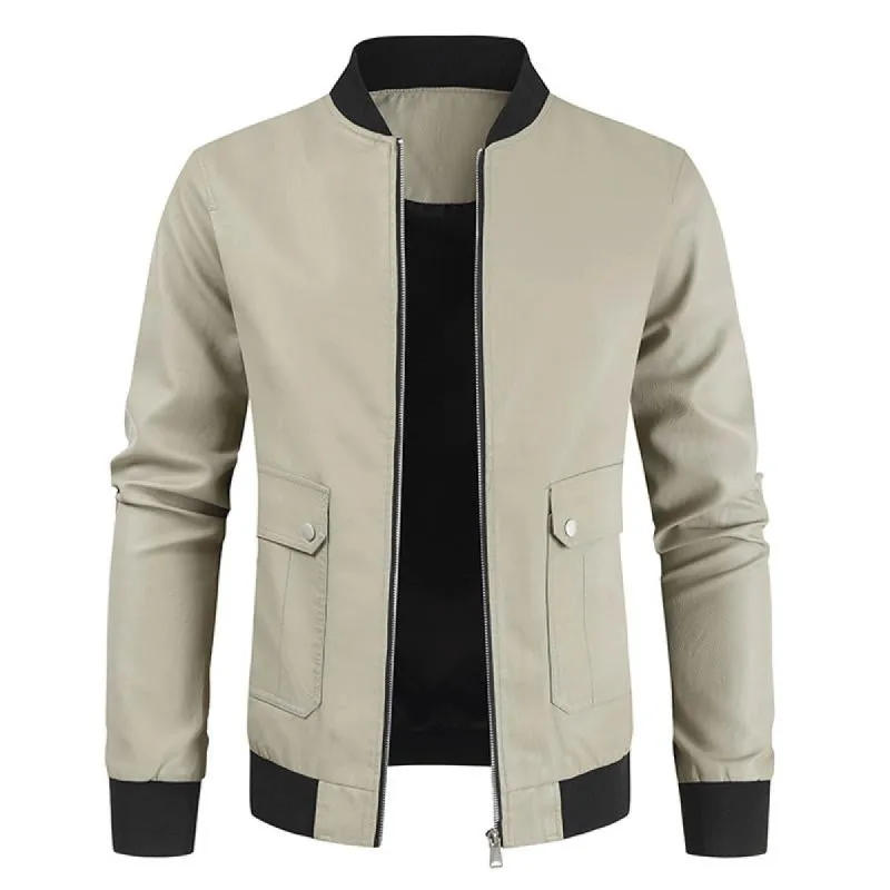 Men's Zipper Stand Collar Colorblock Leather Jacket 99146239X sold by Manly