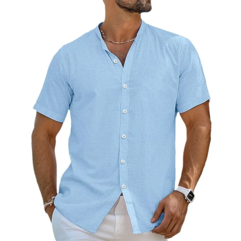 Men's Solid Cotton And Linen Stand Collar Short Sleeve Casual Shirt 24921098Z sold by Manly