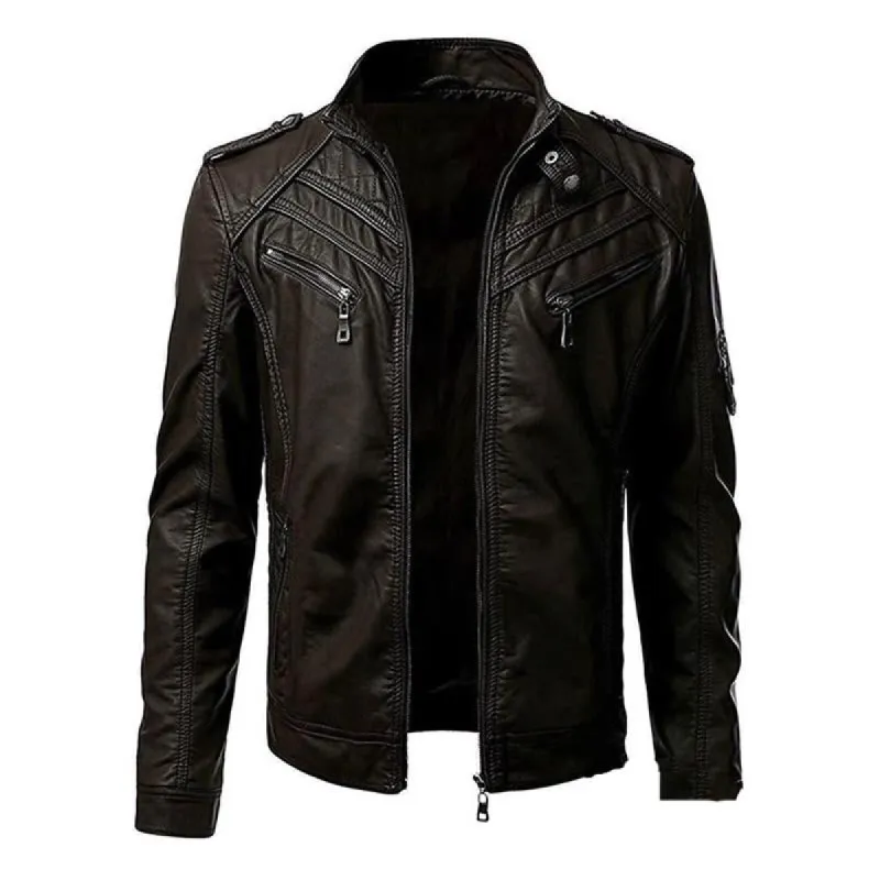 Men's Vintage Patchwork Stand Collar Zipper Leather Biker Jacket 98356078M sold by Manly