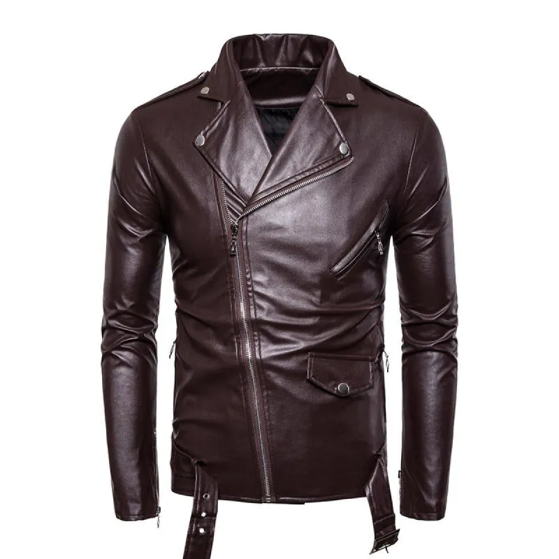 Men's Vintage Biker Slim Lapel Diagonal Zipper Leather Jacket 96439588M sold by Manly