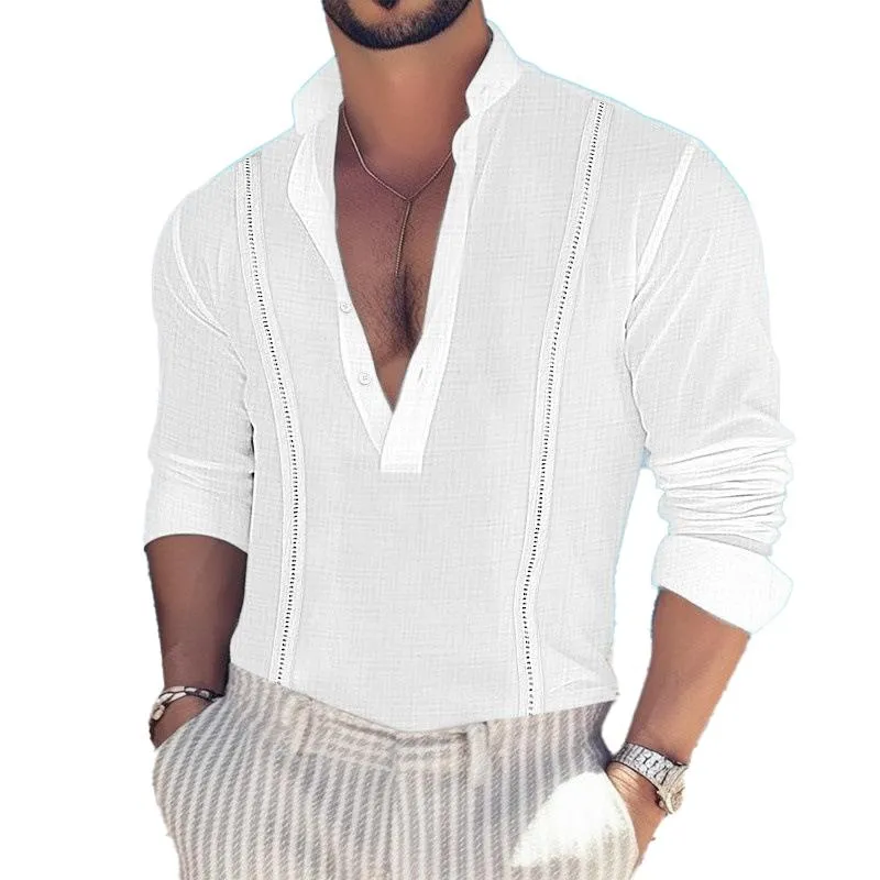 Men's Casual Solid Color Stand Collar Long Sleeve Shirt 21166208Y sold by Manly