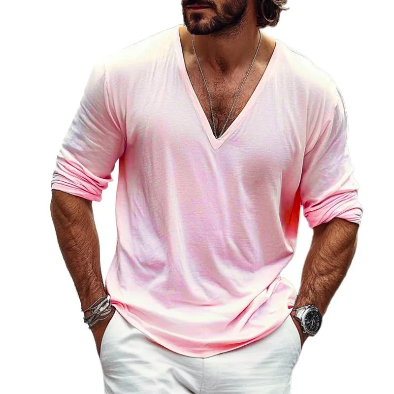 Men's Retro Casual Solid Color V-Neck Long Sleeve T-Shirt 95706063TO sold by Manly