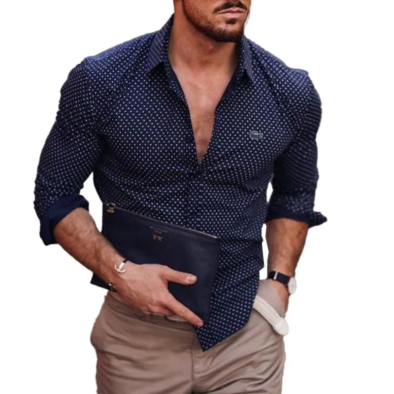 Men's Polka Dot Lapel Casual Long Sleeve Shirt 67216646X made by Manly