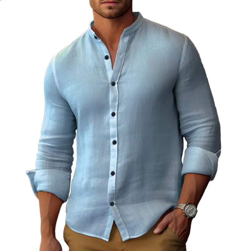 Men's Solid Cotton And Linen Stand Collar Long Sleeve Shirt 24144183Z sold by Manly