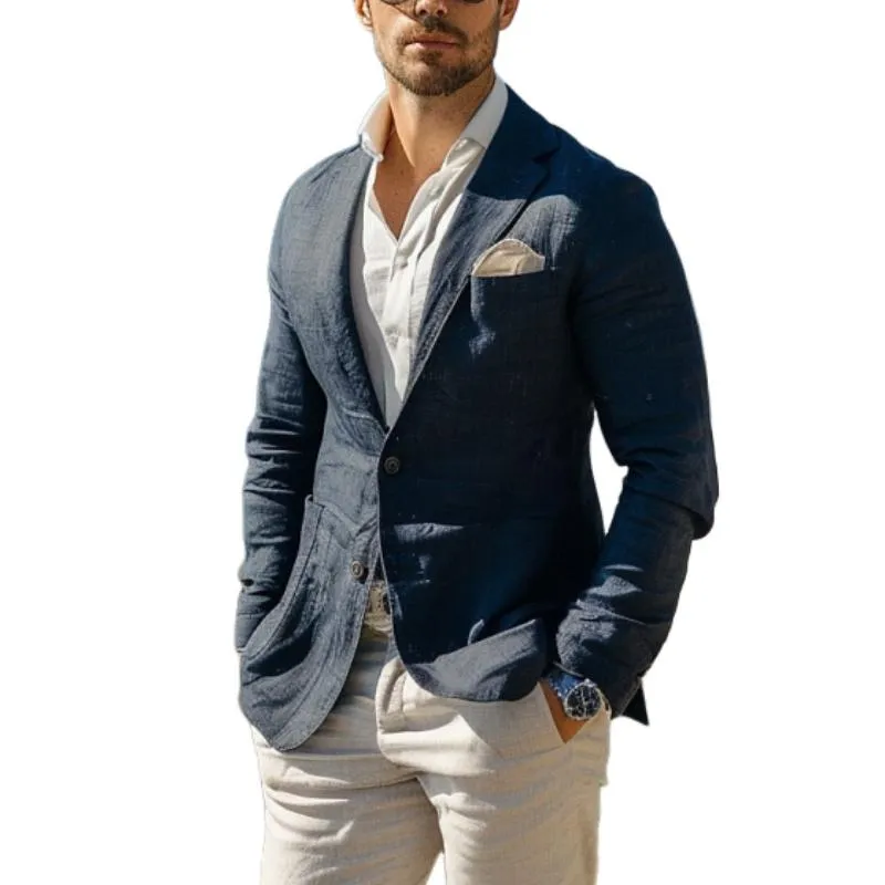 Men's Solid Color Cotton And Linen Lapel Single-Breasted Blazer 64571076Y sold by Manly