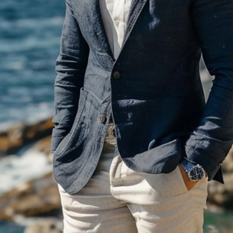 Men's Solid Color Cotton And Linen Lapel Single-Breasted Blazer 64571076Y sold by Manly product image thumbnail 3