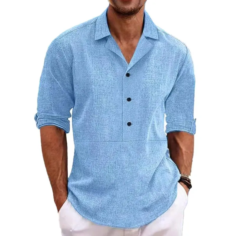 Men's Solid Cotton And Linen Lapel Long Sleeve Shirt 88002177Z sold by Manly