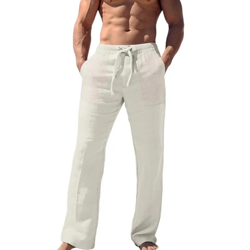 Men's Cotton and Linen Solid Color Elastic Trousers 16683097X sold by Manly