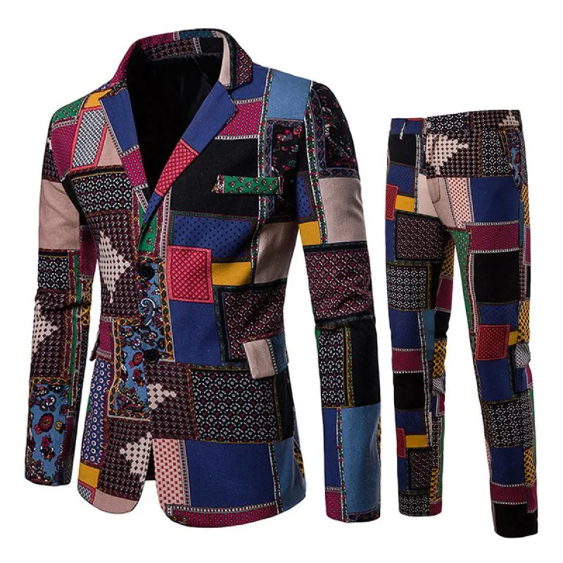Men's Vintage Ethnic Print Two Button Lapel Blazer Pants Set 04191646M sold by Manly