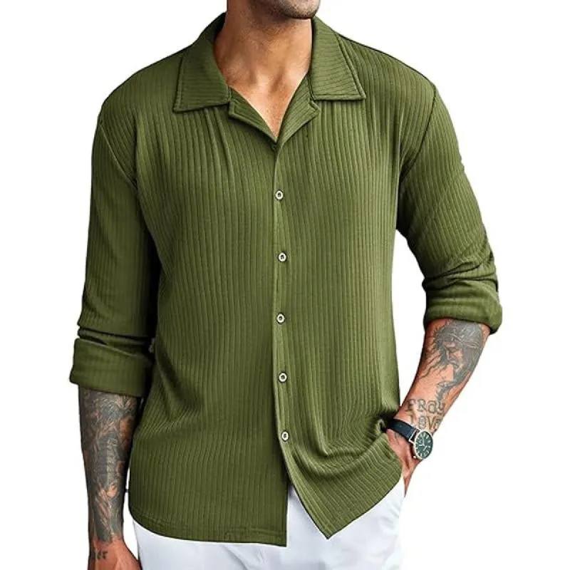 Men's Casual Solid Color Striped Lapel Long Sleeve Shirt 07644931Y sold by Manly