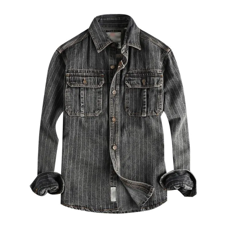 Men's Vintage Washed Striped Flap Pocket Slim Fit Long Sleeve Denim Shirt 32256880M sold by Manly