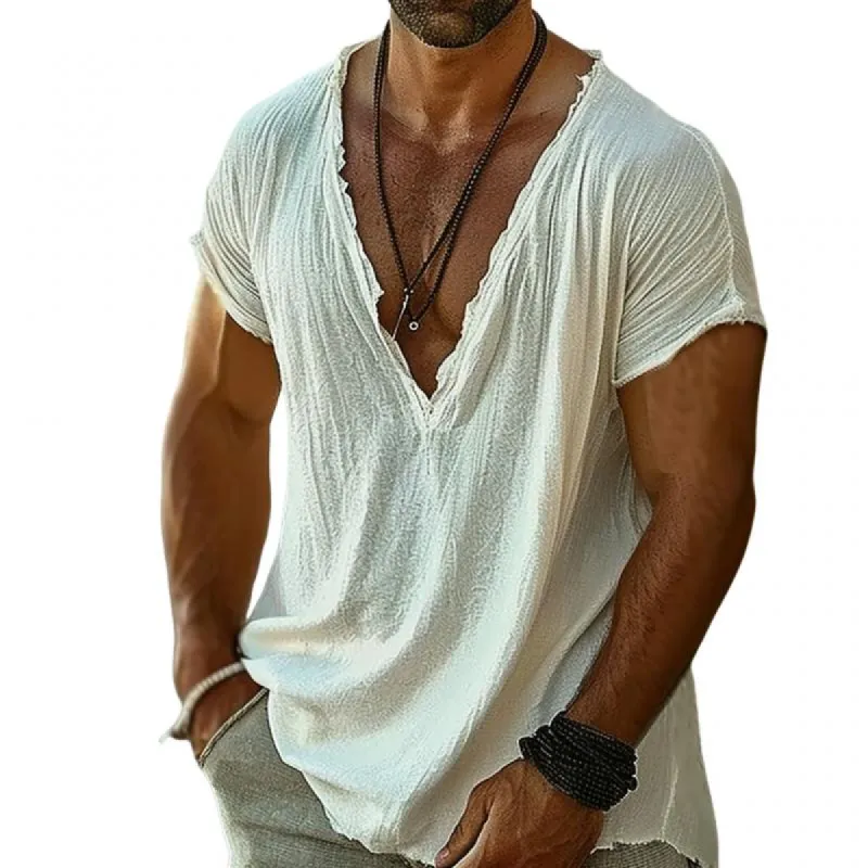 Men's Casual Cotton Blended V-Neck Raw Edge Short Sleeve T-Shirt 39235663M sold by Manly