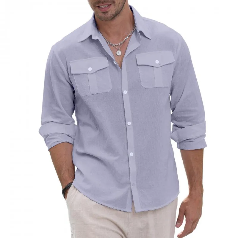 Men's Casual Linen Lapel Flap Pocket Loose Long Sleeve Shirt 98386772M sold by Manly product image thumbnail 4