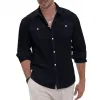 Men's Casual Linen Lapel Flap Pocket Loose Long Sleeve Shirt 98386772M sold by Manly