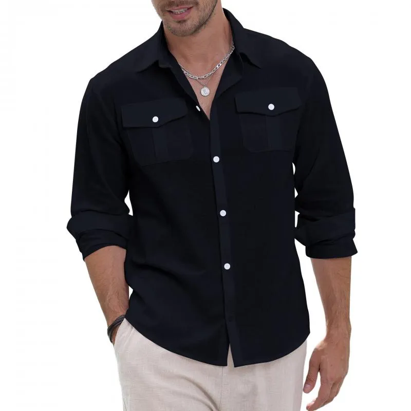 Men's Casual Linen Lapel Flap Pocket Loose Long Sleeve Shirt 98386772M sold by Manly product image thumbnail 3