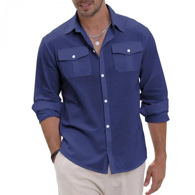 Men's Casual Linen Lapel Flap Pocket Loose Long Sleeve Shirt 98386772M sold by Manly