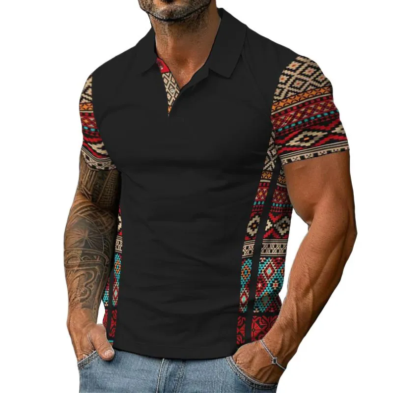 Men's Retro Ethnic Color Block Short Sleeve Polo Shirt 31102337TO sold by Manly