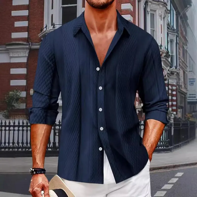 Men's Solid Color Textured Lapel Long Sleeve Shirt 28889733Z sold by Manly product image thumbnail 4