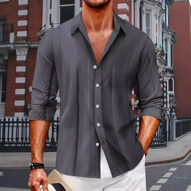 Men's Solid Color Textured Lapel Long Sleeve Shirt 28889733Z sold by Manly product image thumbnail 5