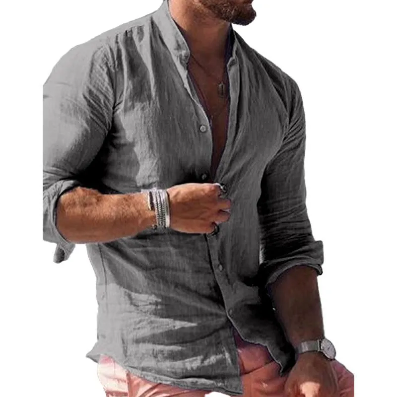 Men's Casual Stand Collar Single Breasted Solid Color Long Sleeve Shirt 86159007M sold by Manly