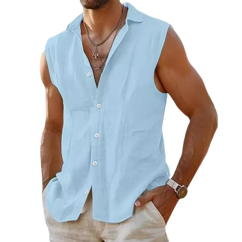 Men's Solid Color Lapel Sleeveless Casual Shirt 85546745Z sold by Manly