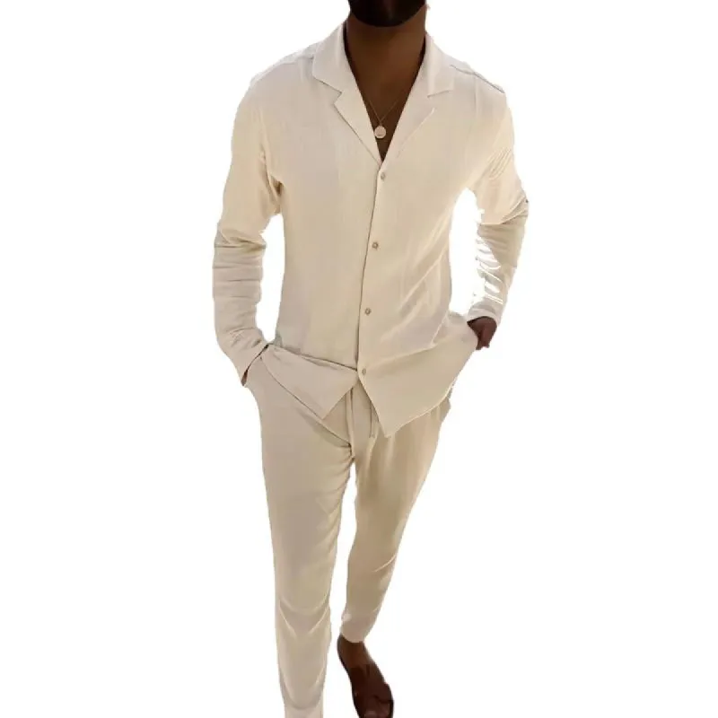 Men's Cotton And Linen Long-Sleeved Shirt And Trousers Set 57659459Y sold by Manly