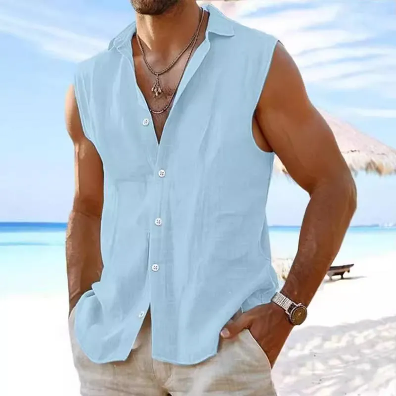 Men's Solid Color Lapel Sleeveless Casual Shirt 85546745Z sold by Manly product image thumbnail 2