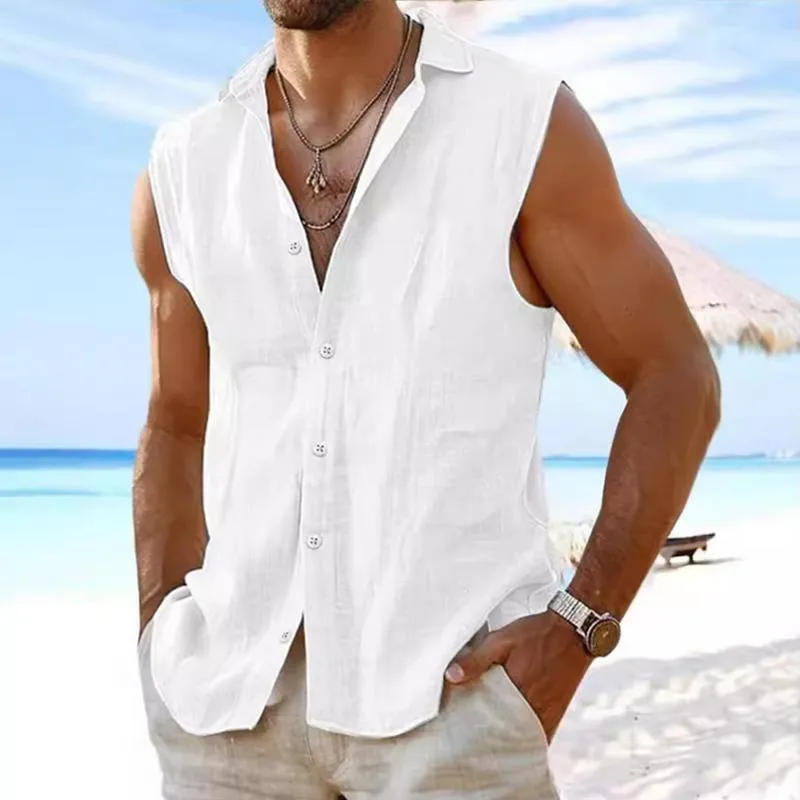 Men's Solid Color Lapel Sleeveless Casual Shirt 85546745Z sold by Manly product image thumbnail 4