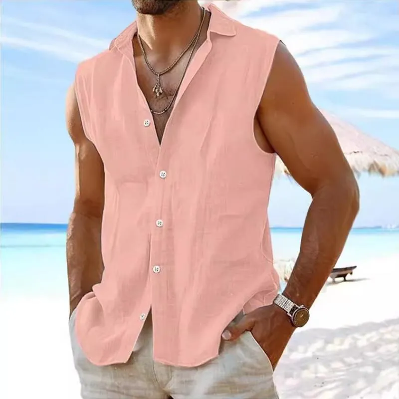 Men's Solid Color Lapel Sleeveless Casual Shirt 85546745Z sold by Manly product image thumbnail 3