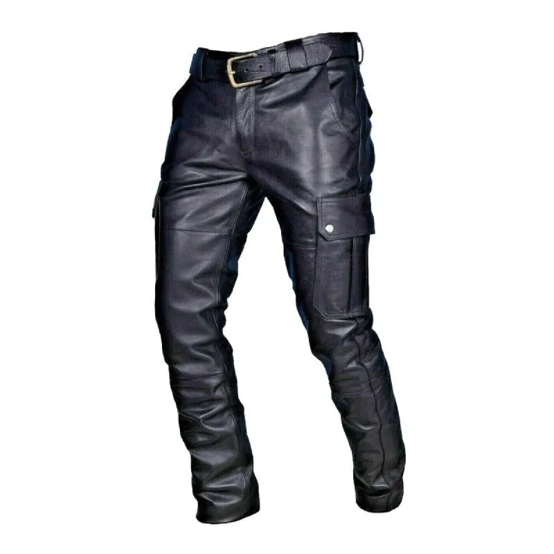 Men's Vintage Multi-Pocket Slim Fit Faux Leather Pants (Belt Excluded) 04018447M sold by Manly