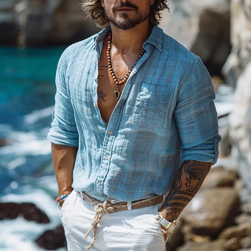 Men's Casual Cotton Linen Lapel Patch Pocket Slim Fit Long Sleeve Shirt 31446496M sold by Manly product image thumbnail 2