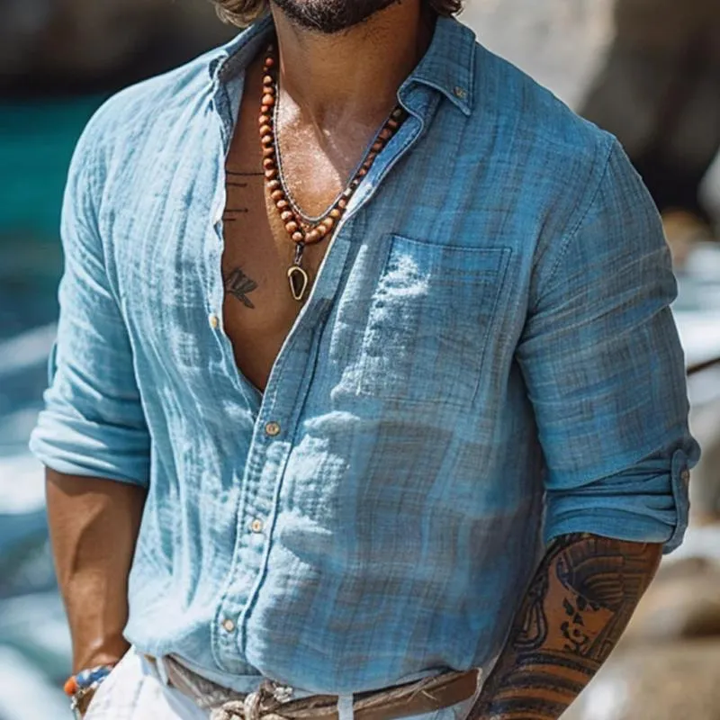 Men's Casual Cotton Linen Lapel Patch Pocket Slim Fit Long Sleeve Shirt 31446496M sold by Manly product image thumbnail 3