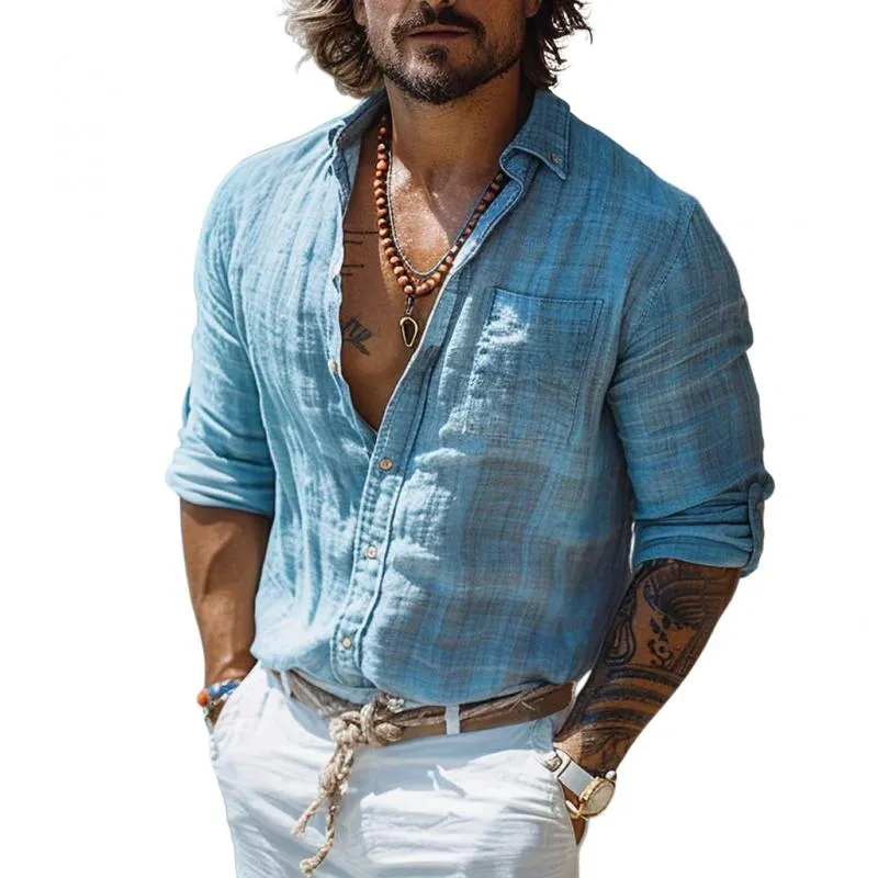 Men's Casual Cotton Linen Lapel Patch Pocket Slim Fit Long Sleeve Shirt 31446496M sold by Manly