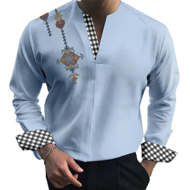 Men's V Neck Plaid Stitching Ethnic Print Long Sleeve Shirt 80938945Z sold by Manly
