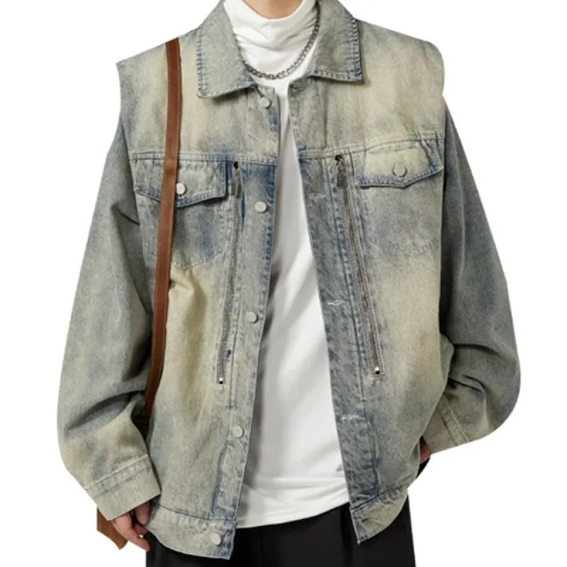 Men's Vintage Distressed Washed Loose Lapel Single-Breasted Denim Jacket 33911061M sold by Manly