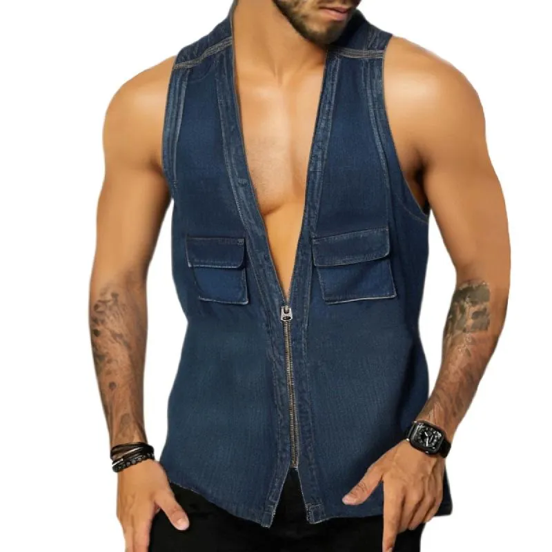 Men's V Neck Zipper Denim Casual Tank Top 45305829Z made by Manly