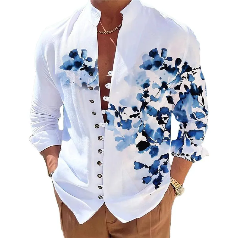 Men's Casual Stand Collar Floral Printed Button Long Sleeve Shirt 30928511M sold by Manly