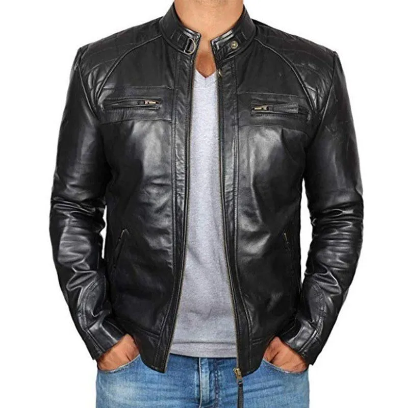 Men's Vintage Distressed Stand Collar Zip Motorcycle Leather Jacket 90149695M sold by Manly product image thumbnail 2